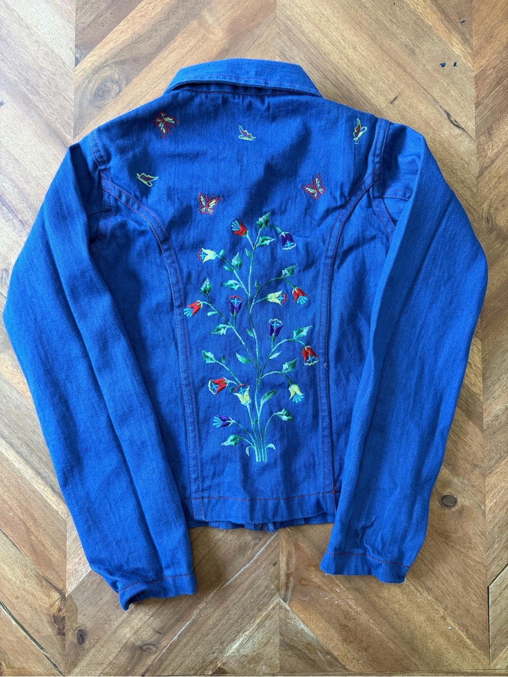 Vintage Youth Girls Blue Denim Jacket Butterfly Floral Embroidery 90s 100%Cotton
